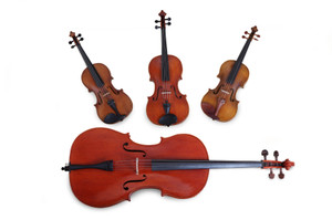 Eine Geige, eine Bratsche, ein Violoncello und ein Kontrabass