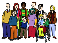Leichte Sprache Bild: Menschen mit und ohne Behinderungen aus verschiedenen Nationen und verschiedenen Altersgruppen stehen zusammen